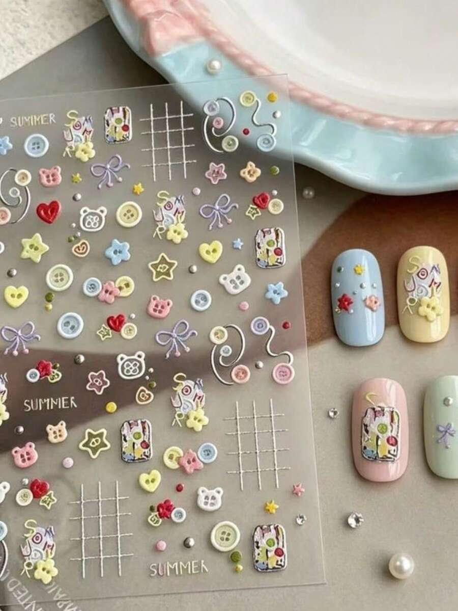 1 Tờ Hình Dán Móng Tay Dễ Thương Dopamine Kiểu Ins, Hình Dán Móng Tay 3D Nổi Hình Nút & Gấu với Nơ, Trái Tim, Ngôi Sao, Màu Macaron, Chống Nước, Dễ Tự Làm Cho Người Mới Bắt Đầu, Phù Hợp Cho Nhiều Dịp Khác Nhau - Nhiều màu - Xem 1