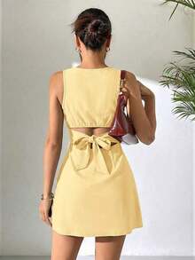 Vestido casual de punto para mujer, color amarillo crema, cuello redondo y diseño sin mangas.Cintura ajustable con lazo en la espalda, corte recto corto.Tela suave y transpirable, ideal para verano, uso diario y salidas casuales. - amarillo ganso - Ver 12
