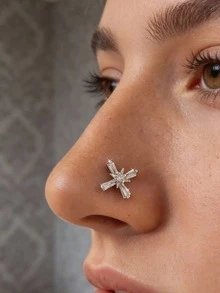 Pendientes de nariz de diseño de estrella, planeta y cometa de cobre con circonita cúbica, anillos de nariz falsos plateados en plata sin perforación, joyería de Body de moda tipo abrazadera para la nariz para mujeres - Plateado - Ver 11