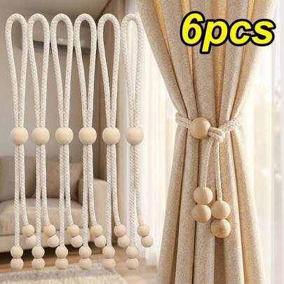 6 chiếc dây buộc rèm bằng hạt gỗ tự nhiên, có thể điều chỉnh độ căng, phù hợp cho phòng khách, phòng ngủ, văn phòng, ngoài trời, phụ kiện rèm cửa đơn giản và thanh lịch.