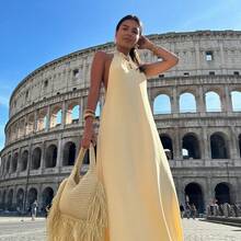 Long Dress With Tie Detail, Casual And Elegant, For Parties, With A Backless Fabric, Suitable For Beach, Evening, Weddings, Holidays, Formal Occasions, And Nights. - Butter Yellow - Xem 2