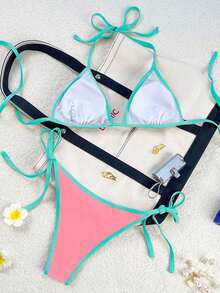 Traje de baño para mujer Swim Mod 2026 Primavera/Verano, con tirantes finos y cuello halter, en azul marino y amarillo en contraste, conjunto de bikini con lazo lateral para vacaciones. - Multicolor - Ver 3