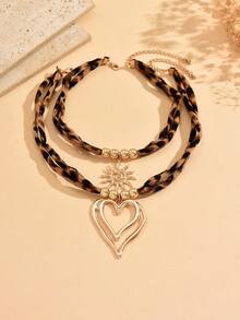 2pcs/Set Vintage Exaggerated Leopard Print Hollow Heart Pendant Necklace, Fashionable Minimalist Charm Necklace For Women, Suitable For Daily Wear, Shopping, Party, And Photo Shooting - Multicolor - View 2