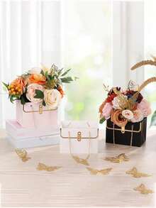 1/3pcs Elegant Rose Paper Gift Box, Sturdy Cardboard Cube Flower Box With Handle - Suitable For Weddings, Mother's Day, Valentine's Day And Other Occasions - Creative Handbag Design, Floral Woven Decor, Fashion Durable Gift Box, Flower Gift Box - Multicolor - View 3