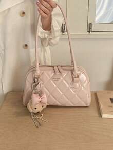 Women's Retro Solid Color PU Leather Shoulder Bag, Large Capacity Multi-Pocket Design With Detachable Decorative Pendant - Pink - View 6