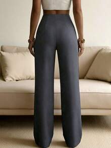 Pantalones rectos de pierna ancha de unicolor para mujer, pantalones casuales de pierna recta, versátiles para diversas ocasiones y para ir al trabajo, color blanco primaveral - Gris Oscuro - Ver 2