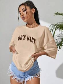 1 Piece Of Casual Fashion For Men And Women, Graphic Lettering Off-The-Shoulder Top, Graphic Blouses For Women, Unisex, Versatile, Easy To Match, For Everyday Wear, Streetwear, Vacation Wear, Weekend Wear. - 杏 - 查看 5