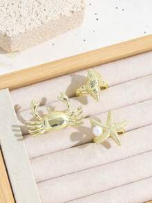 3pcs Crab, Starfish, Seashell Shaped Boho Vintage Style Rings, Classic Gold Color Rings For Women - Gold - View 5