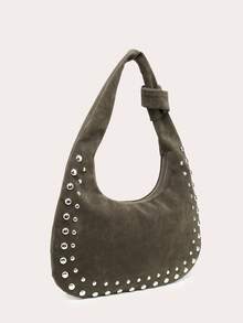 Tas Bahu Bulan Sabit Wanita, Bahan PU, Kapasitas Besar, Dekorasi Kancing, Gaya Vintage, Cocok Untuk Bepergian dan Jalan-jalan - Hijau Tentara - View 2