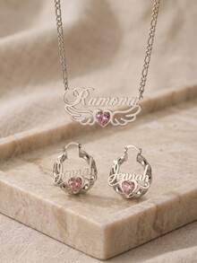 Bộ trang sức đá quý theo tháng sinh cá nhân hóa, Dây chuyền và bông tai khắc tên theo yêu cầu - Bộ trang sức khắc tên cá nhân hóa - Dây chuyền và bông tai khắc tên 30mm kèm mặt dây chuyền hình trái tim đính đá quý theo tháng sinh, dây chuyền kim cương, bông tai khắc tên, trang sức đá quý theo tháng sinh, quà tặng cho nữ, trang sức mạ vàng nổi bật dành cho phụ nữ, bé gái và thanh thiếu niên, quà tặng Ngày của Mẹ. - Nhiều màu - Xem 5