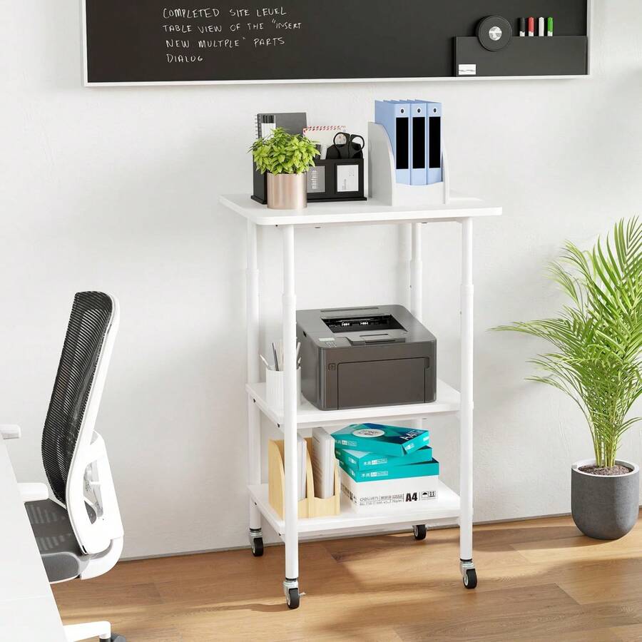 3-Tier Mobile Printer Stand Height Adjustable Wooden Storage Cart For Home Office - White - View 1
