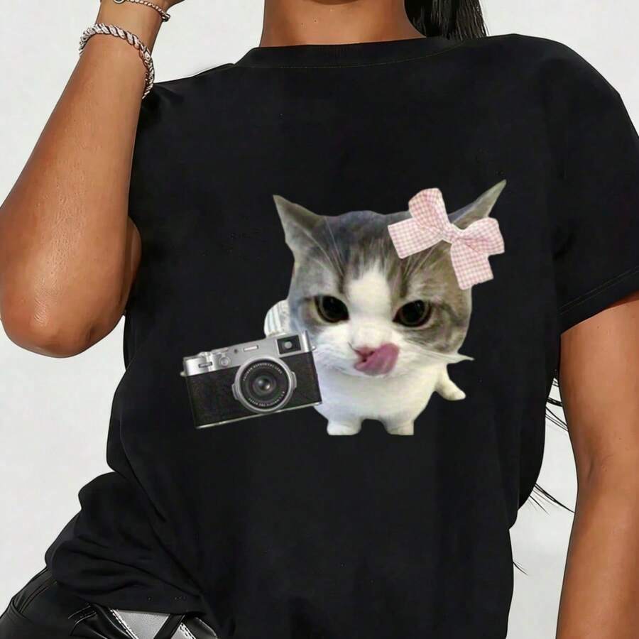 One-Piece WomenS Casual T-Shirt With Cat And Camera Print Cute Bow Design Creative Street Style Summer Essential Versati - Black - View 1