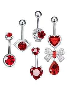 5pcs Pink Series Skull, Planets Navel Ring 316 Stainless Steel Belly Button Piercing Suitable For Women, Halloween - Pink - View 15