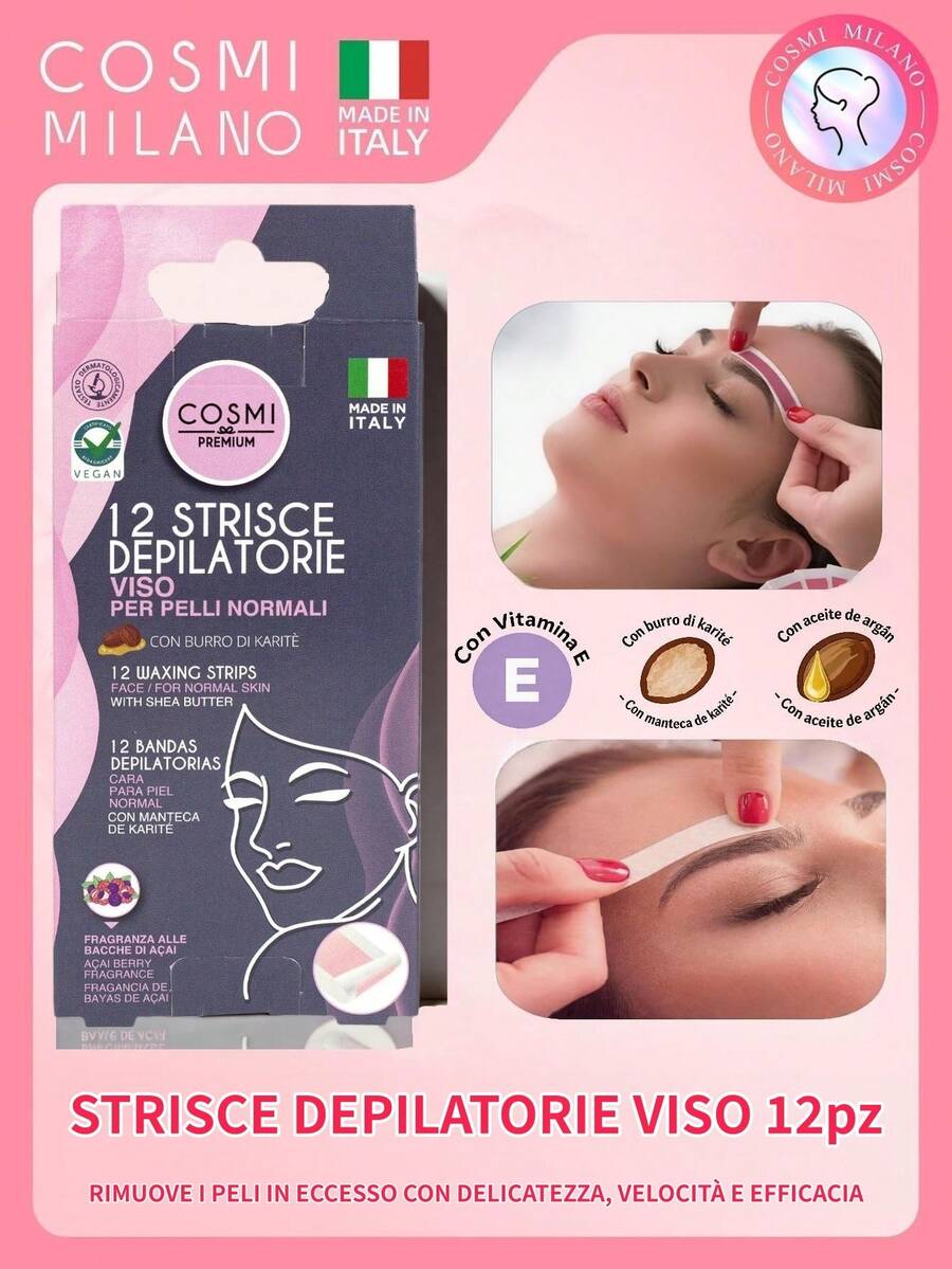 COSMI MILANO MADE IN ITALY FACIAL, LEGS, AND BODY WAX WITH SHEA BUTTER, ARGAN OIL, AND VITAMIN E. WITH AÇAÌ FLAVOR. AN ESSENTIAL ITEM FOR SPRING AND SUMMER HAIR REMOVAL. REMOVES EXCESS FACIAL HAIR QUICKLY, GENTLELY, AND EFFECTIVELY. - STRISCE DEPILATORIE VISO x12PZ - 查看 1