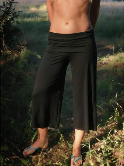 Fold-Over Waistband Flowy Cropped Pants, High Waist Stretchy Knit Wide Leg Trousers, Y2K Beach  Daily Wear