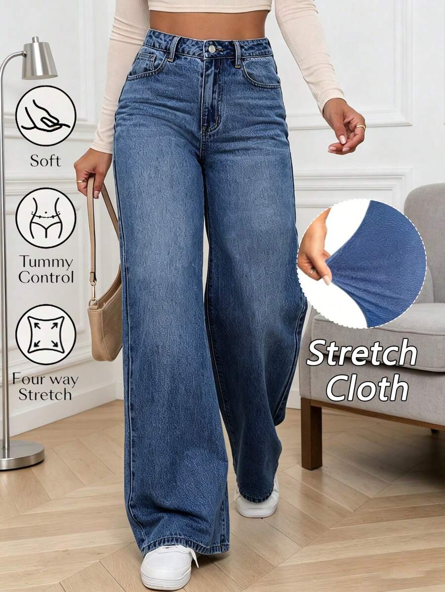 Pantalones vaqueros anchos de pierna ancha con bolsillos casuales para mujer de talla grande,estilo femenino, una opción de moda para el verano,para llevar a diario en tu día a día. - 2043 - Ver 1