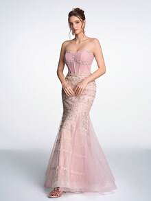 Fitted Strapless Women Evening Dress For Party - Pink - View 5