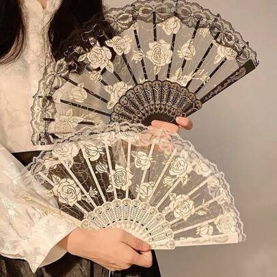 1 chiếc quạt tay gấp kiểu Pháp cổ điển có tua rua, phù hợp cho mọi mùa, thích hợp cho khiêu vũ, trang phục dự tiệc, Halloween và Ngày Valentine.