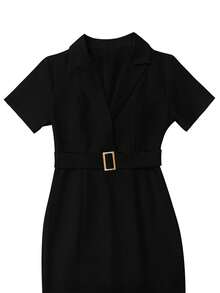 1pc Elegant Solid Color Waist Belt Design Woven Fabric Fitted Dress, Women's Graceful Dress, Summer Dress, Women's Fashionable Outfit, Spring/Summer Black - Black - View 7