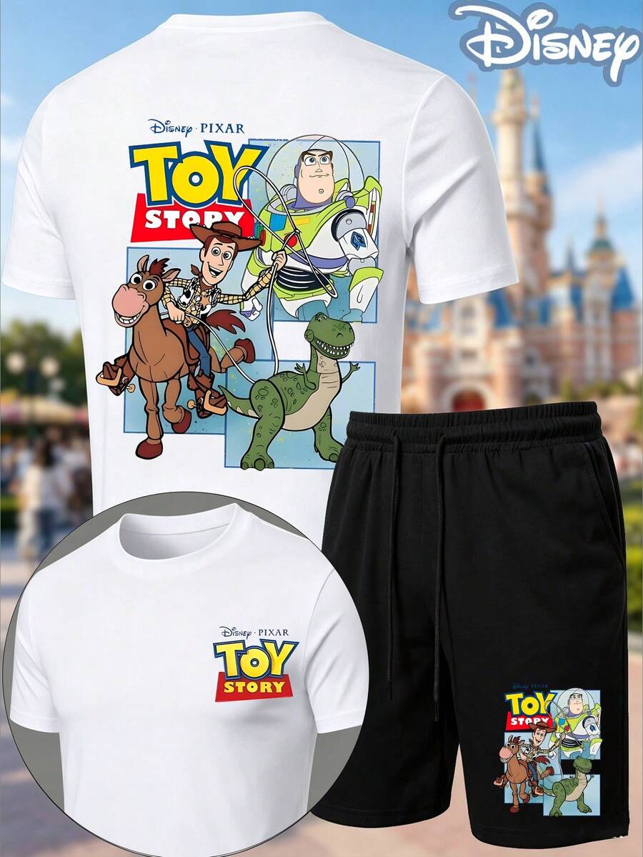 Men 2 Piece Outfits Disney Toy Story Officially Licensed , Woody & Buzz Lightyear Graphic Tees, Shorts For Men Summer Clothes Casual Streetwear 2PC Set - 白色 - 查看 1