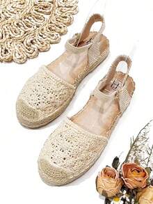Women's Flat Sandals, Comfortable And Breathable Espadrilles, Woven Beach Sandals For Women, Jute Holiday Sandals For Women With Round Toe And Woven Hollow Design - Màu be - Xem 5