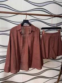 Linen Shirt And Shorts Set (2 Pieces) - Brown - View 6