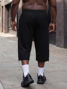 Herren Große Größen Lose Gerade 7/8 Hose, Herren Große Größen Bestickte Kordelzug Saum Weite Bein Casual Sport Caprihose Knielang - Schwarz - Übersicht 6