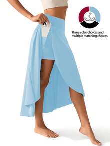 Women's 2-In-1 High Waist Split Sports Skirt With Inner Shorts Pockets, Lightweight & Stretchy For Active Wear-Casual Solid Color Sports Skort, Women's Activewear. - Màu xanh bạc hà - Xem 1