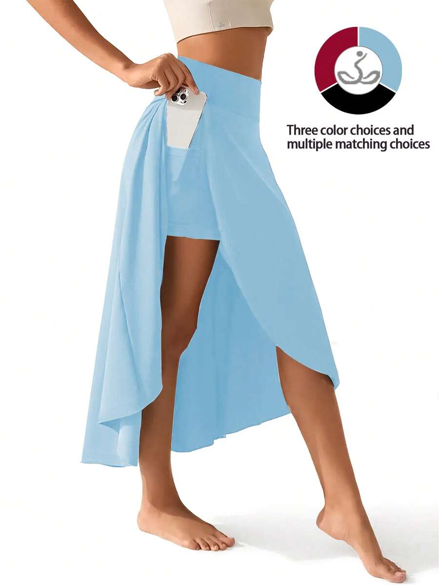 Women's 2-In-1 High Waist Split Sports Skirt With Inner Shorts Pockets, Lightweight & Stretchy For Active Wear-Casual Solid Color Sports Skort, Women's Activewear. - Màu xanh bạc hà - Xem 1