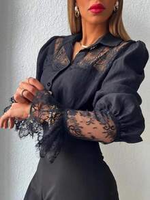 Blouse With Ruffled Sleeves, Elegant And Modern For Everyday Wear - Black - View 2