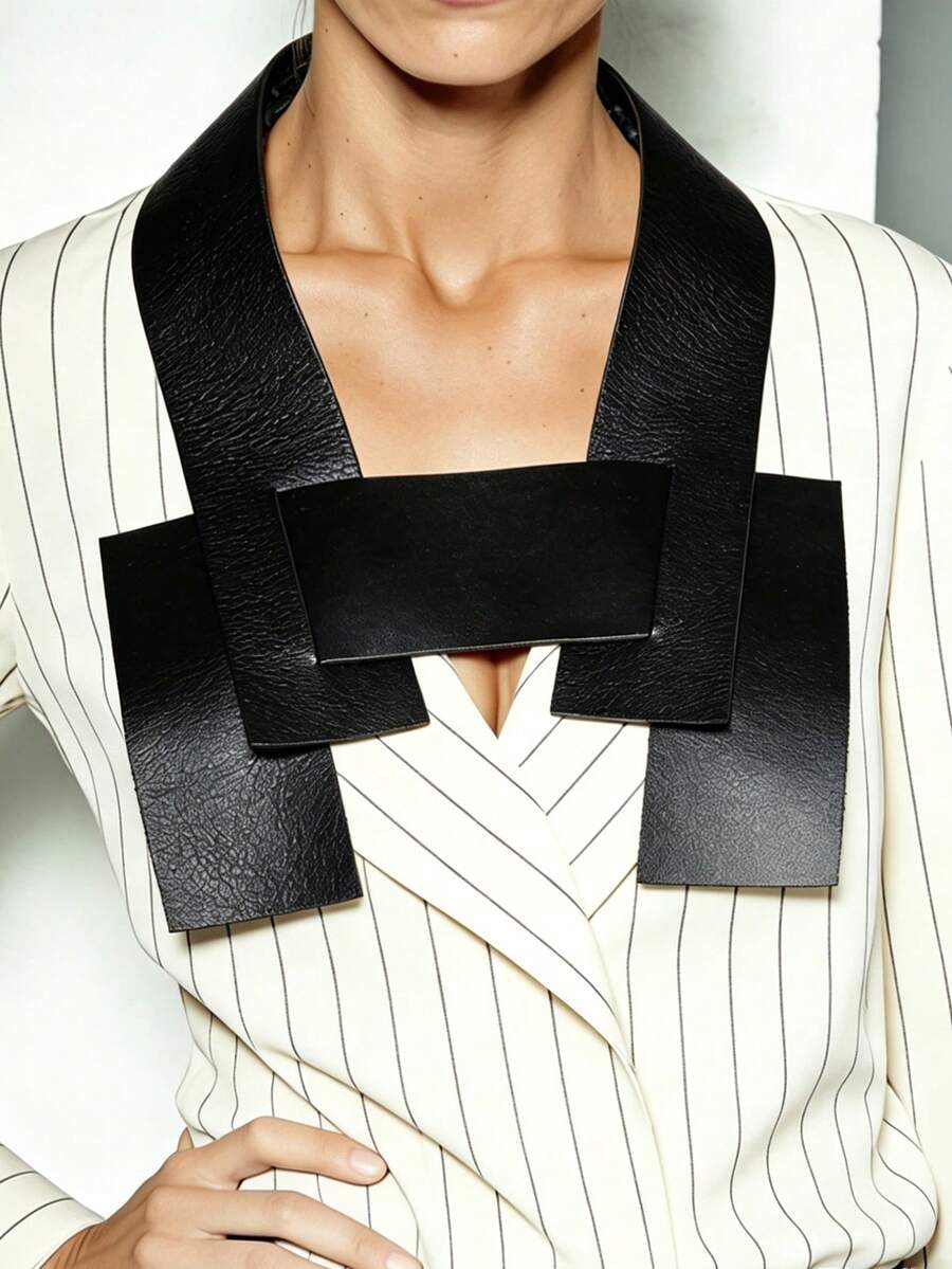 1pc Retro Oversized Square Patchwork Double-Layer PU Leather Detachable Collar Necklace, Fashion Statement Necklace For Women - Black - View 1