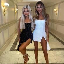Elegant Sleeveless Mesh Asymmetrical Neck Bodycon Short Dress With Ruffle And Slit For Women, Perfect For A New Year's Outfit - milky - 查看 7
