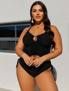 In Stock -Plus Size Black Ribbed Cutout Ruffle Hem Bikini SetUltra Sexy - Black - View 4