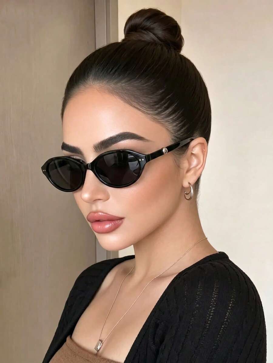 Retro Oval Small Frame Black Fashion Glasses, Plastic Casual Decoration Daily Wear Unisex - Black - View 1