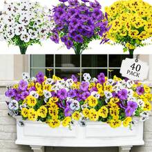 3 株人造仿真三色堇，适用于户外，仿丝三色堇，春季花卉，抗紫外线人造植物，户外花盆，适用于前门、门廊、庭院、露台、家居装饰（紫色、黄色、白色） - 彩色 - 查看 2