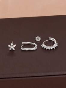 3件套几何方形耳环套装，女士锆石花朵耳钉，简约低敏时尚首饰礼品 - 3PCS-銀 - 查看 3