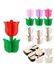 24pcs/12pcs/6pcs/1pc-DIY Paintable Tulip Ornaments, 3D Paintable Wooden Tulip Decorations, Wooden Material, Perfect For Home Decor, Party Gatherings And Creative Crafting. Also Suitable For School Graduation Parties, Thanksgiving Craft Gifts And Fun Games. - Multicolor - View 3