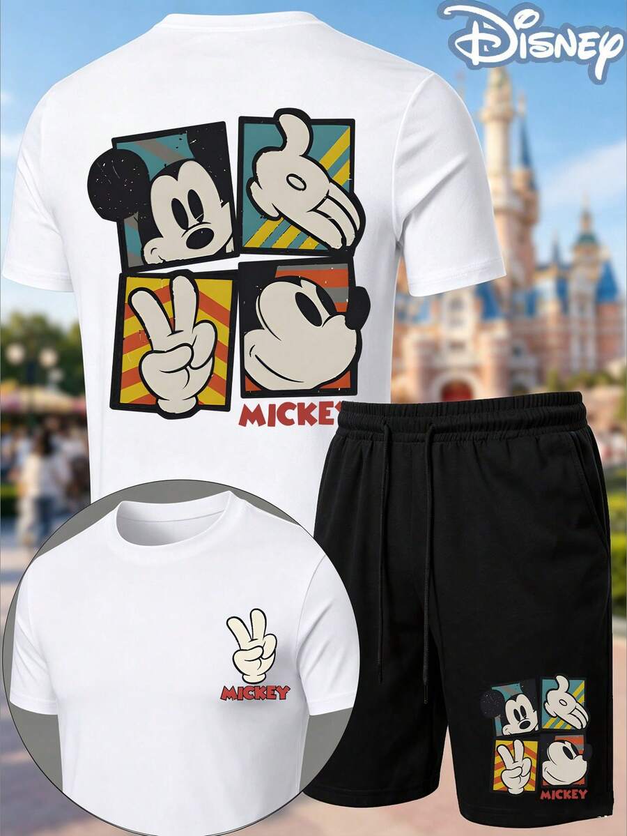 Men 2PC Outfits Disney Mickey Mouse Officially Licensed , Retro 4-Panel Graphic Tees, Shorts For Men Summer Clothes Casual Streetwear Set - 白色 - 查看 1