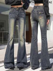 Quần jeans ống loe cạp cao, co giãn, kiểu dáng thường ngày, màu bạc, thích hợp cho mùa xuân. - Màu xanh bụi bặm - Xem 1