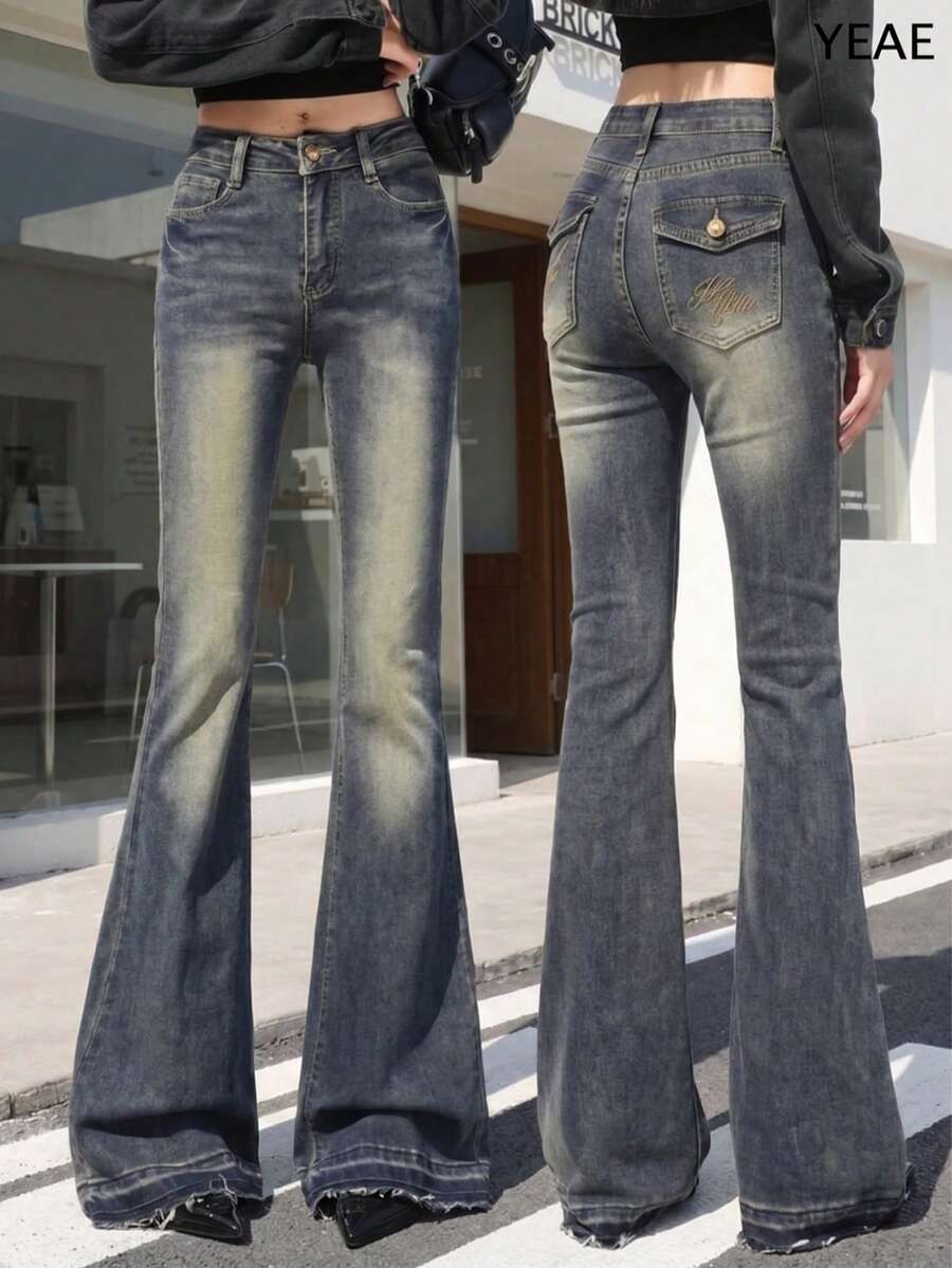 Quần jeans ống loe cạp cao, co giãn, kiểu dáng thường ngày, màu bạc, thích hợp cho mùa xuân. - Màu xanh bụi bặm - Xem 1