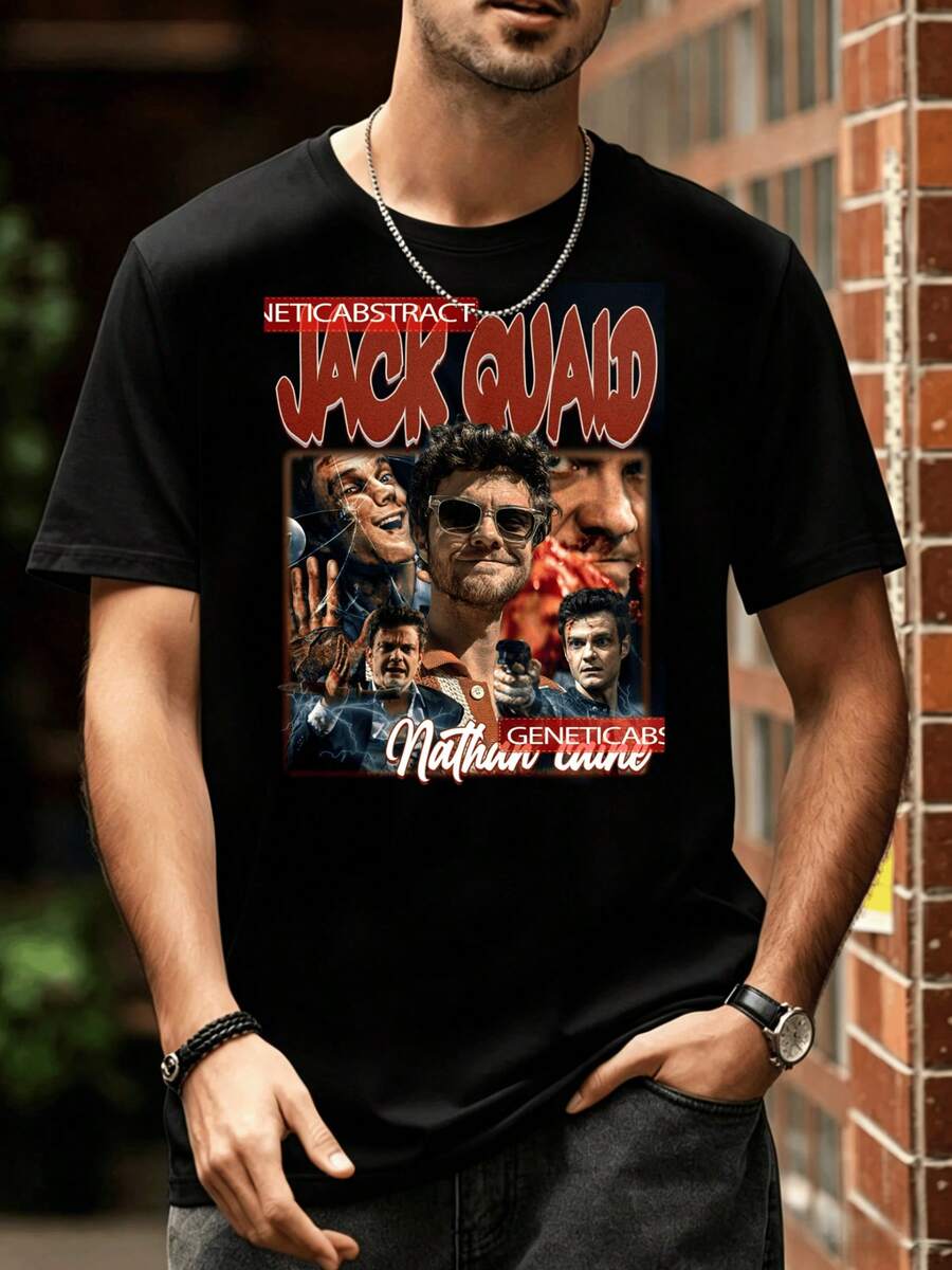 Camiseta Jack de edición limitada, camiseta Quaid, arte de celebridades, camiseta gráfica impresa DTG, ideas de ropa únicas, regalo, retro, pirata, vintage, años 90, diseño superventas - Negro - Ver 1