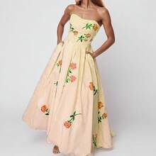 2026 Spring New Women's Fashion Printed Dress Elegant High-Waisted Flared Strapless Gown Long Dress - 杏色 - 查看 10