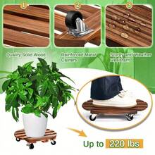 2Pcs Plant Cart With Wheels, Heavy-Duty Round Wood Plant Stand With 360 ° Lockable Metal Casters - Large Indoor/Outdoor Rollable Plant Cart Suitable For, Patio, - Wood Mobility & Stability For Large Plant Pots For Large Pots, Planters, Indoors And Outdoors - 多款 - 查看 5