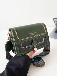 Bolso de mano de moda para mujer, nueva bolsa cruzada versátil, diseño de color block casual, bolsa cuadrada pequeña, correa ancha, adecuada para fiesta, cita, escuela, actividades al aire hace un gran regalo - Verde Oscuro - Ver 9