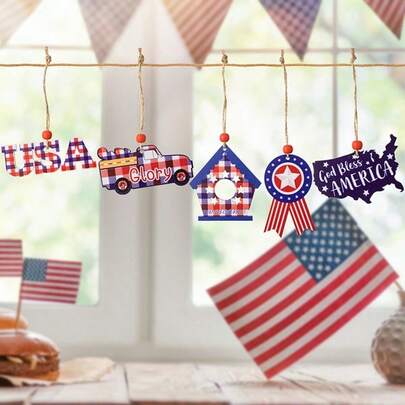 1pc Patriotic Ornament Hanging - Red White Blue God Bless America, USA, Vintage Truck, Star & Plaid Themed Decorations, 4th Of July Independence Day Ornaments For Tiered Tray, Shelf, Mantel, Windowsill, Living Room, Kitchen, Farmhouse, Dorm, Office, Perfect For Fourth Of July, Memorial Day, Labor Day, Patriotic Party, Holiday Accents & Home Decor