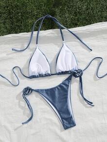 Women's Summer New European And American Beach Vacation Style Rhinestone Backless Tie Front Split Bikini Set - Dusty Blue - View 2