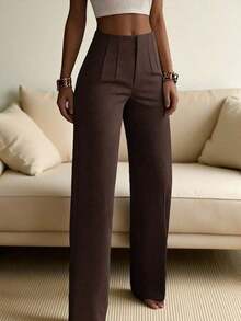 Pantalones rectos de pierna ancha de unicolor para mujer, pantalones casuales de pierna recta, versátiles para diversas ocasiones y para ir al trabajo, color blanco primaveral - Marrón - Ver 10