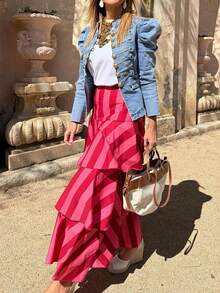 New Elegant Striped Bohemian Layered Skirt, Versatile For Beach, Holiday, Date, Airport, All Seasons Summer - Pink Stripes - View 4