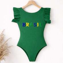 Brazilian Girl's Bodysuit, Fan Theme, Children's/Teenager's Size, Ruffled, World Cup Design, New Release, Suplex Fabric, No Closure, Comfort And Quality - 綠色 - 查看 2