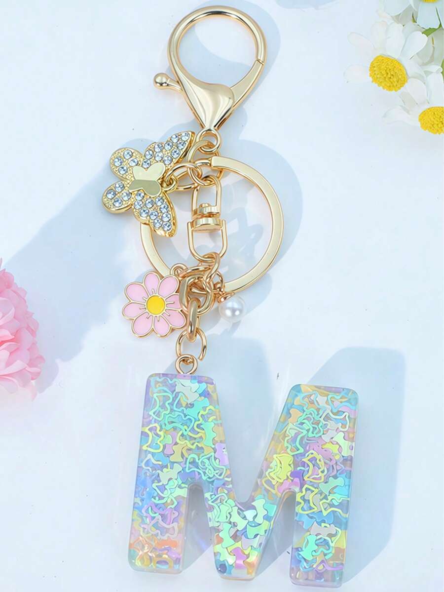 1 chiếc móc khóa chữ cái bằng nhựa epoxy kiểu Bohemian, mặt dây chuyền hình chữ cái dễ thương từ A đến Z, hợp kim kẽm. - Màu Hồng baby - Xem 1